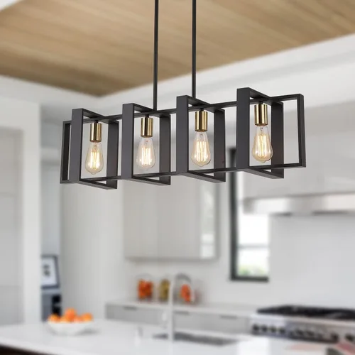 Miniatura 10 de 9MMML Lámpara de 3 luces para isla de cocina, lámpara de comedor negra, con marco de madera, para sala de estar, vestíbulo, entrada, pasillo, E26