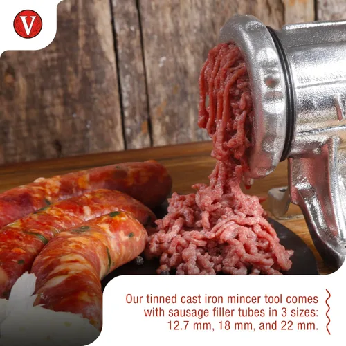 Miniatura 3 de Victoria Picadora de carne de hierro fundido con montaje fijo en la mesa, molinillo manual de salchichas y picadora de carne, número 12, fabricado