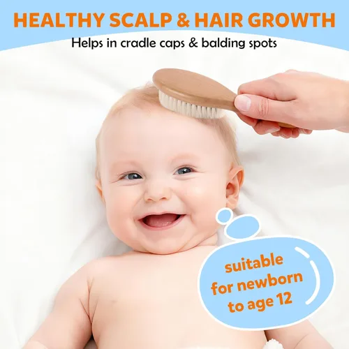 Miniatura 3 de Juego de cepillo y peine para el pelo del bebé, cepillo de madera orgánica con cerdas naturales de cabra de 3 piezas para recién nacidos y niños