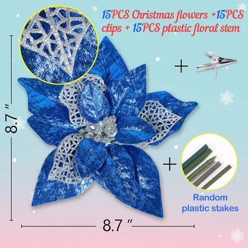 Miniatura 3 de 15 adornos de flores artificiales para árbol de Navidad, flores de Pascua artificiales, tamaño grande, 8.7 pulgadas, flor de purpurina de Navidad