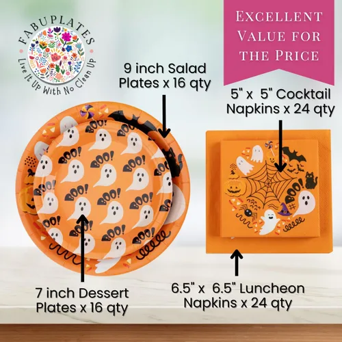 Miniatura 2 de Juego de vajilla desechable de 80 piezas con diseños de fantasma y calabaza, incluye platos de 9 y 7 pulgadas, servilletas de cóctel y almuerzo