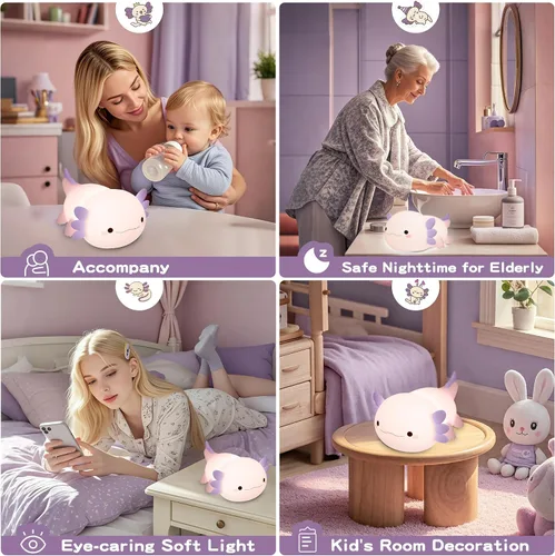 Miniatura 6 de FAMIDUO Axolotl - Luz nocturna para niños, bonita lámpara de ajolote morado, luz nocturna LED blanda para guardería, lámpara táctil de cabecera