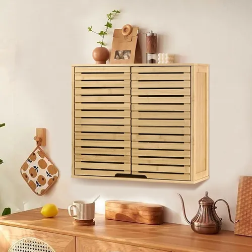 Miniatura 6 de Armario de almacenamiento de bambú montado en la pared para baño con puertas dobles, estante ajustable de 2 niveles, organizador sobre inodoro