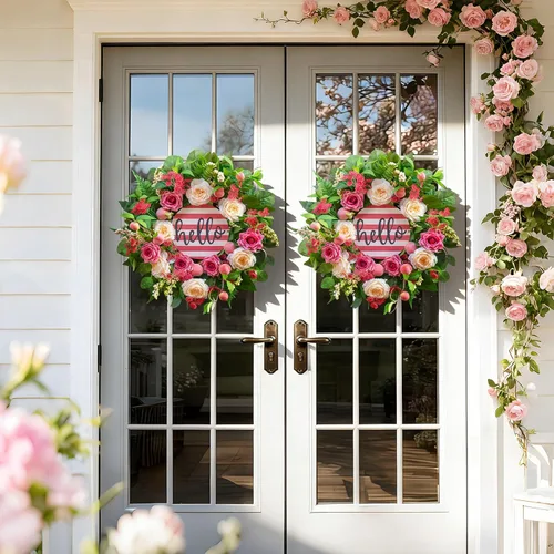 Miniatura 2 de Coronas de primavera y verano para puerta delantera exterior, corona de verano floral de peonía y rosa de 24 pulgadas con decoración de puerta