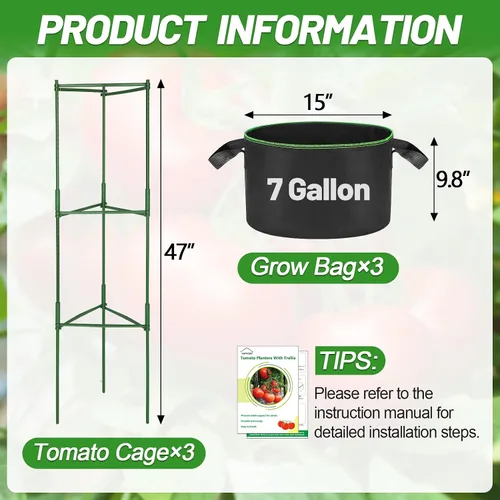 Miniatura 5 de ANPHSIN Jaula de tomate triangular resistente con bolsas de cultivo móviles de 7 galones, 3 juegos de macetas de enrejado de jardín de 47 pulgadas