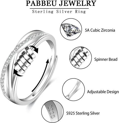 Miniatura 2 de PABBEU Anillo de ansiedad para mujer de plata de ley 925, anillo giratorio con circonita cúbica ajustable, anillo antiestrés para mujer Anillo