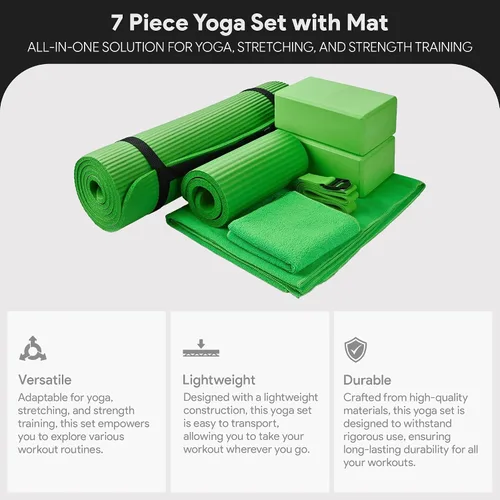 Miniatura 2 de BalanceFrom 7-Piece Yoga Set with 71x24x0.5 Inches Extra Thick Mat and Carrying Sling – Includes 2 Blocks, Stretch Strap, 2 Towels, and Knee Pad for