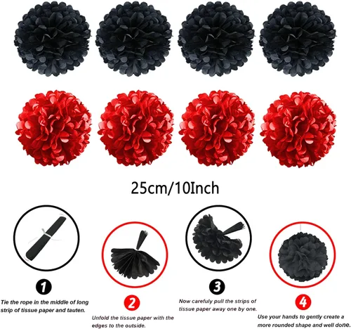Miniatura 3 de ZERODECO - Decoraciones de fiesta, 41 piezas de abanicos de papel negros y rojos, pompones, guirnaldas, hilo, papel de seda y borlas para Negro Rojo