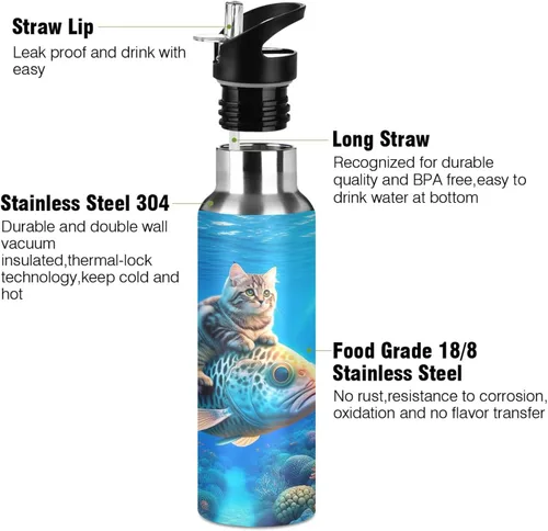 Miniatura 3 de Stainless Steel Water Bottle 20 Oz, Leakproof Water Bottles for Gym Outdoor Travel School, Cute Cat Fish Blue