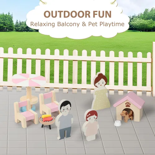 Miniatura 6 de Juego de muebles de madera para casa de muñecas Pithfor, accesorios y muebles para casa de muñecas, con 7 habitaciones, 3 muñecas, incluye juego