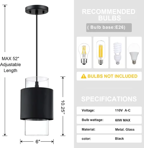 Miniatura 3 de 1 Light 2 Pack Hanging Indoor Kitchen Island Pendant Light 6" Drum Glass Shade Pendant Ceiling Light Fixtures Modern Farmhouse Dinning Over Sink