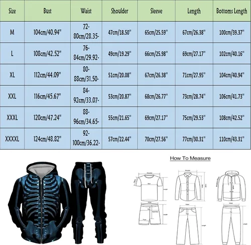 Miniatura 4 de Vickyleb Conjunto de sudadera con capucha de Halloween para hombre, estampado de esqueleto, cremallera completa, casual, sudadera de Halloween