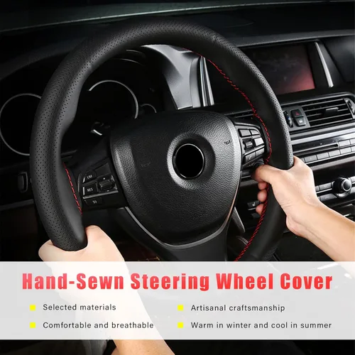Miniatura 4 de Augeny Funda de Cuero Genuino para Volante, Protector de Volante de Coche Transpirable Antideslizante que se Cose para Diámetro Máximo de 15 Café