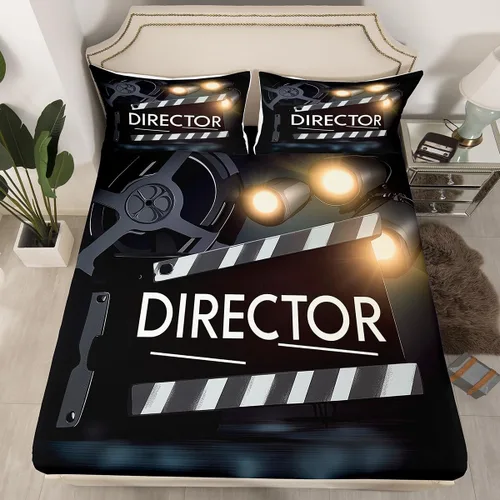 Miniatura 14 de Sábana bajera ajustable de cine tamaño individual, sábanas vintage para niños, niñas y adultos, juego de ropa de cama de palomitas de maíz