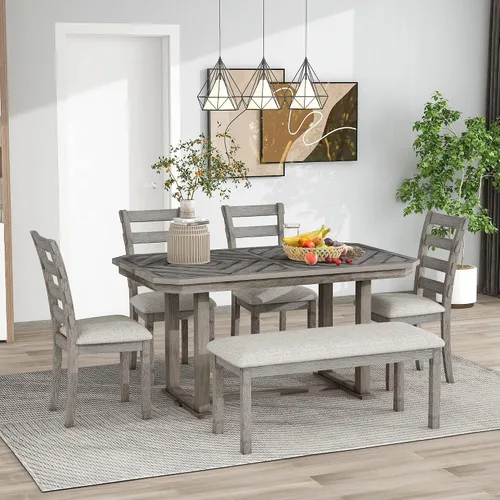 Miniatura 3 de Juego de mesa de comedor de madera de goma de 6 piezas con patrón de grano de madera y cojín suave, mesa de comedor rectangular con 4 sillas