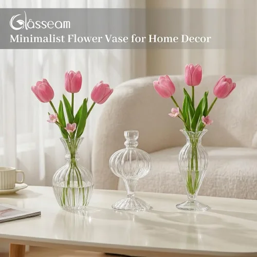 Miniatura 4 de Glasseam Jarrones pequeños de cristal: juego de 3 jarrones transparentes acanalados para flores de rosas individuales, mini centros de mesa modernos