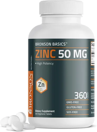 Bronson Zinc de 50 mg de alta potencia apoya la salud inmunológica, antioxidante y de la piel, sin OMG, 360 tabletas vegetarianas