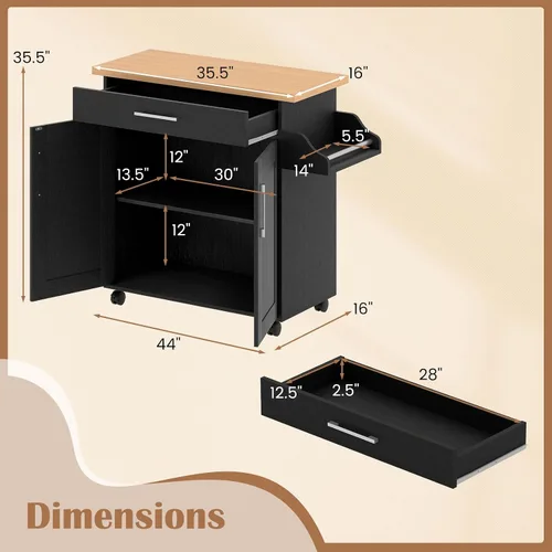 Miniatura 4 de Giantex Isla de cocina, carrito de cocina rodante con estante para especias y toallero, cajón grande y armario de almacenamiento de 2 puertas
