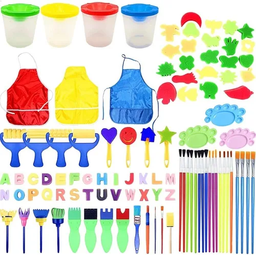 Juego de 100 pinceles para niños sin derrames, con tapas de colores y bata de arte, juego de 100 pinceles para niños, pinceles de pintura para niños