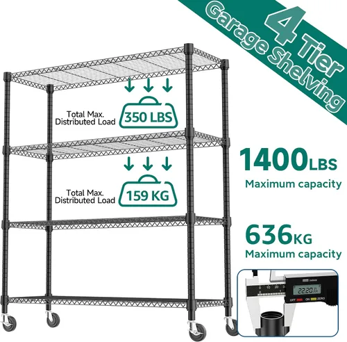 Miniatura 9 de M MZG Estantería de acero de 4 niveles, 1400 libras, estantería de almacenamiento de utilidad, organizador de acero, estante de alambre para el Negro