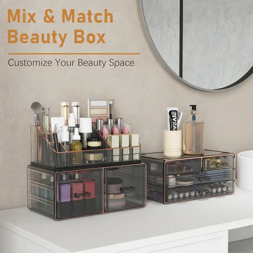 Miniatura 7 de Delamu Organizador de maquillaje de 3 niveles y 6 cajones para encimera, organizador de cosméticos para tocador y tocador, organizador de baño, Negro