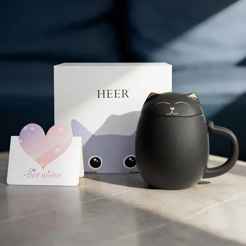 Miniatura 2 de HEER Taza de té para gatos con infusor y tapa, taza de té de cerámica de 13.5 onzas, regalo para amantes de los gatos para amigos y familia (negro)