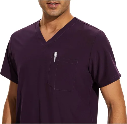 Miniatura 4 de COZYFIT Conjunto de ropa quirúrgica para hombre camiseta elástica con cuello en V y pantalón deportivo con 8 bolsillos, cintura de yoga, ropa