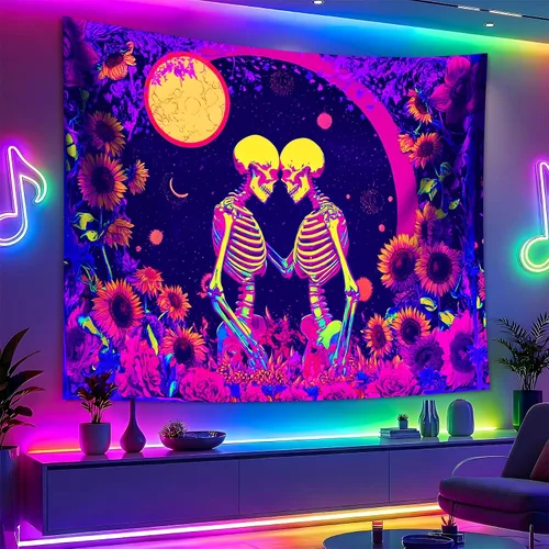 Miniatura 11 de BVBOX Tapiz de Halloween con luz negra, reactivo a los rayos UV que brilla en la oscuridad, póster de tapiz trippy con luz negra para sala de estar
