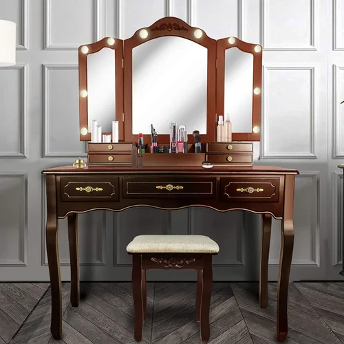 ENSTVER Escritorio vintage con espejo y luces, espejos plegables, 6 organizaciones, 7 cajones, mesa de tocador de maquillaje con taburete acolchado,