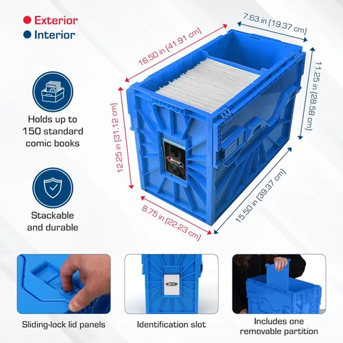 Miniatura 5 de BCW Contenedor corto para cómics, capacidad para 150 cómics, almacenamiento de plástico apilable, organizador sin ácidos, azul, individual