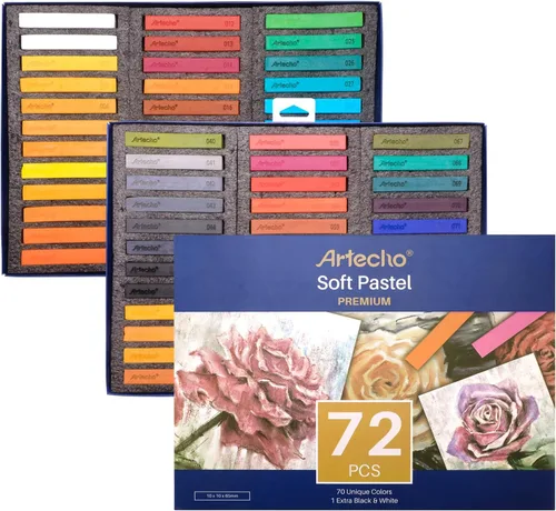 Artecho 72 piezas de pasteles suaves, 70 colores incluyendo 4 colores fluorescentes, blanco y negro extra libre, tiza cuadrada para dibujar,
