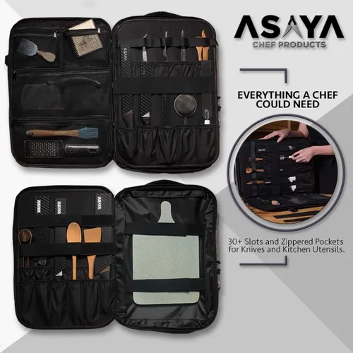 Miniatura 11 de Asaya Mochila para cuchillos de chef con bolsa enrollable de 20 bolsillos, más de 30 bolsillos para cuchillos, cuchillos no incluidos (marrón)