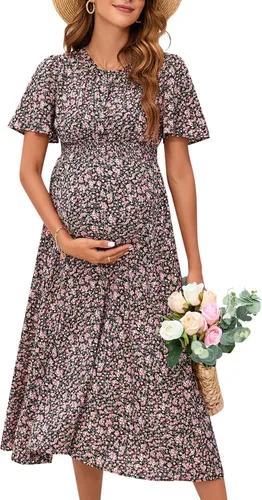 KOJOOIN Vestido de maternidad bohemio con volantes de manga corta para mujer, vestido midi con cuello redondo fruncido floral para baby shower,