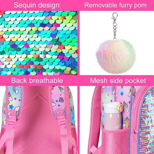 Miniatura 5 de 3 mochilas infantiles para niñas, 16 pulgadas, preescolar y lonchera - Unicorniosirenaflamenco