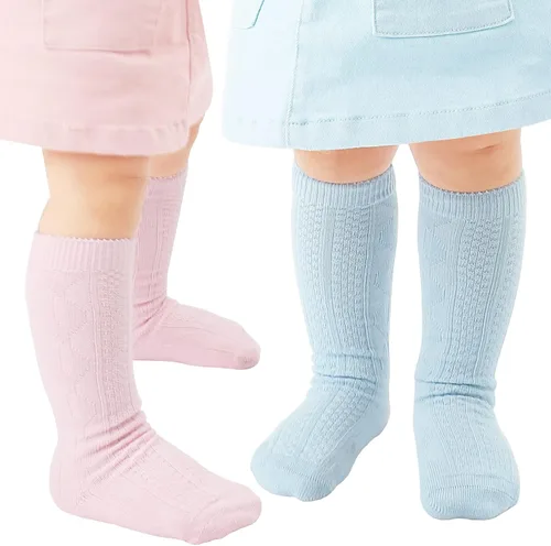 Miniatura 32 de Mini angel Calcetines altos hasta la rodilla para bebé, calcetines largos de punto trenzado, calcetines de algodón sin costuras, para recién 5 pares