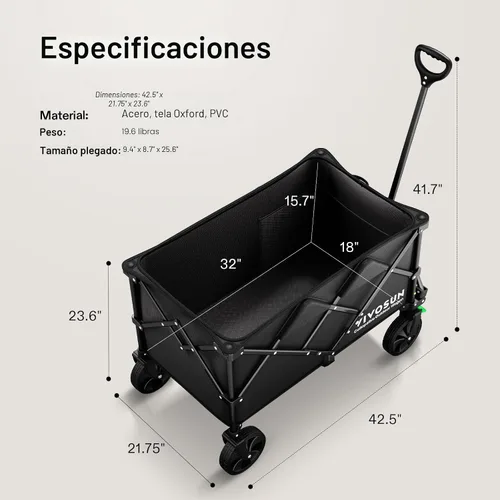 Miniatura 7 de Vivosun - Carrito de servicio plegable de alta resistencia para campamento, jardín, intemperie, ruedas universales y mango ajustable, negro