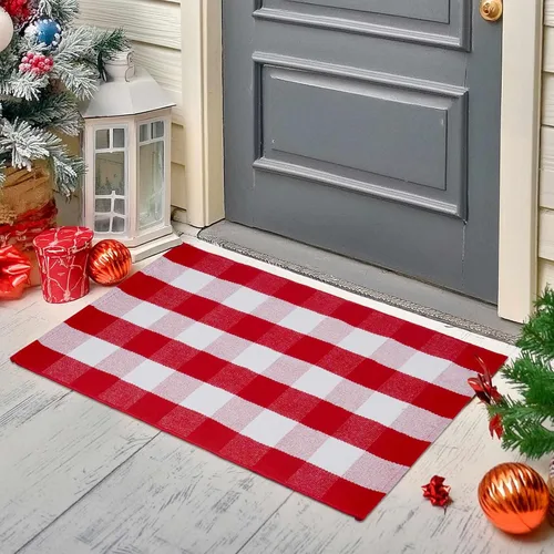 Miniatura 4 de Alfombra de cuadros rojos y blancos de Navidad de 27.5 x 43 pulgadas, tejida a mano para interiores y exteriores, mezcla de algodón a cuadros