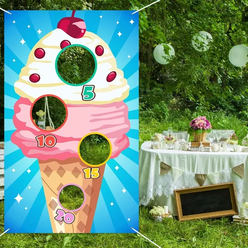 Miniatura 6 de Cartel de juegos de lanzamiento de helados, telón de fondo, suministros temáticos de postres congelados, decoración de bandera para interiores