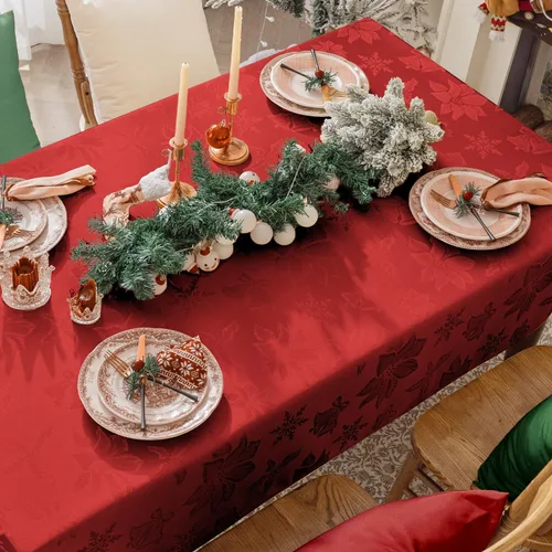 Miniatura 3 de Softalker: Mantel de Navidad de jacquard, mantel rectangular vintage de damasco de invierno, mantel impermeable de poliéster con copo de nieve