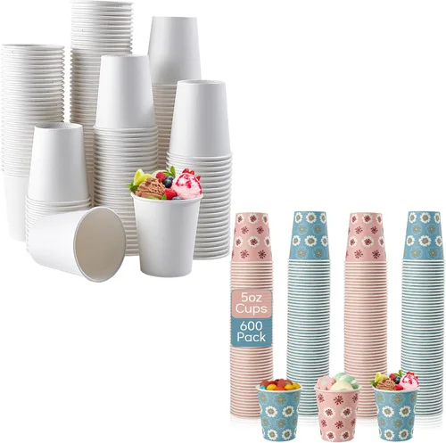 TV TOPVALUE Paquete de 1200 vasos de papel de 5 onzas, 600 tazas blancas para baño y enjuague bucal, 600 vasos coloridos