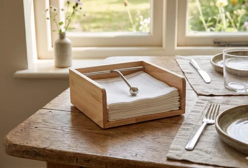 Miniatura 2 de Servilletero de papel de cóctel, soporte plano, servilleta decorativa para bebidas con barra central de metal sofisticada, madera maciza con grano
