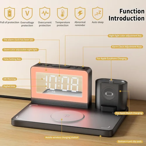 Miniatura 2 de Estación de carga rápida inalámbrica, reloj despertador 7 en 1 con soporte de cargador inalámbrico, base de carga para Apple, para múltiples