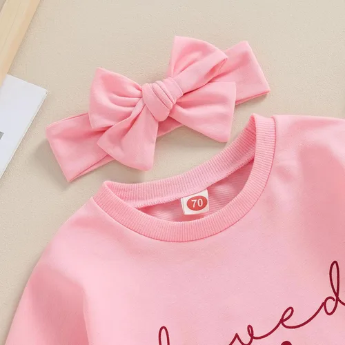 Miniatura 35 de Traje de bebé niña para el primer día de San Valentín, mameluco de burbujas con cuello redondo, sudadera linda para primavera y otoño