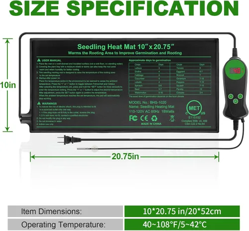 Miniatura 5 de Tapete térmico de plántulas con termostato integrado, paquete de 2 unidades, 10 x 20.75 pulgadas, almohadilla térmica impermeable para plantas