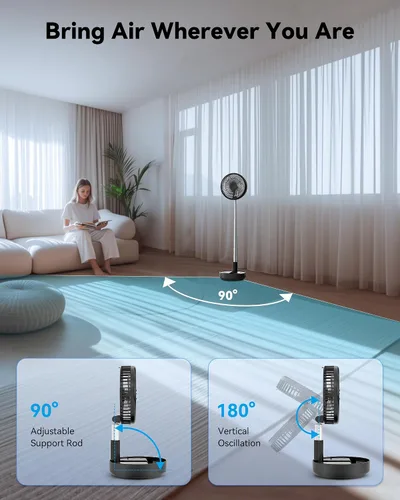 Miniatura 5 de Ventilador portátil oscilante de viaje, 10400mAh, funciona con pilas, recargable por USB, ventilador de piso, mesa, escritorio con control remoto, 4