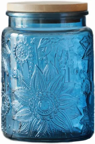Tarro de vidrio vintage con tapa de bambú, tarros de vidrio azul de 23.7 onzas, tarro decorativo para almacenamiento de cocina en el hogar, café,