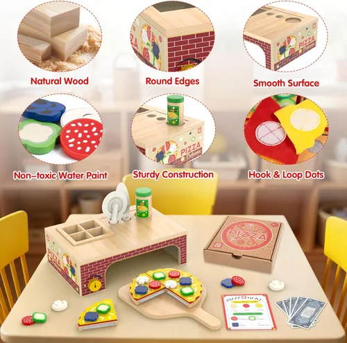 Miniatura 4 de Juguete de Pizza de Madera - Montessori Comida de Juego de Simulación para Edades 3+, Juguete Educativo de Aprendizaje Conjunto de Juego de Madera