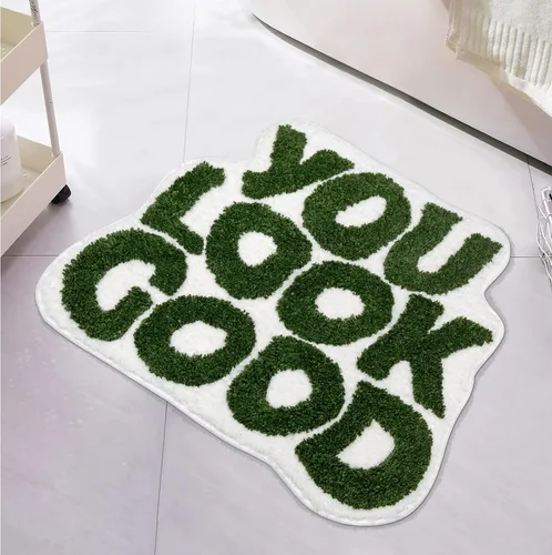 Miniatura 12 de Alfombra de baño con texto en blanco y negro con texto en inglés "You Look Good", divertida y bonita, decoración de baño, pequeña, fresca