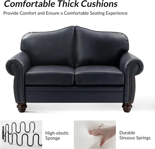 Miniatura 4 de El apoyo que necesitas 152 cm de ancho Sofá Chesterfield de cuero genuino, sofá con brazos enrollados, reborde con clavos para muebles de sala