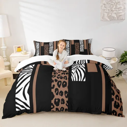 Miniatura 19 de Juego de funda de edredón con estampado de leopardo, tamaño individual, juego de ropa de cama rústica con rayas de piel de cebra, decoración